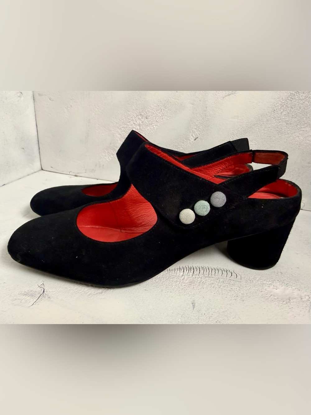 Pas de Rouge Black Suede Mary Jane Mules with Red Interior